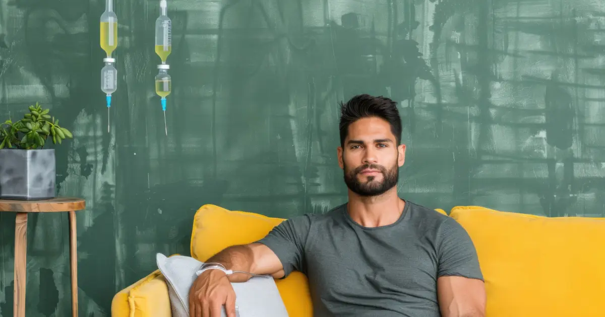 Man receiving IV therapy while relaxing on a couch in Tampa, FL wellness clinic